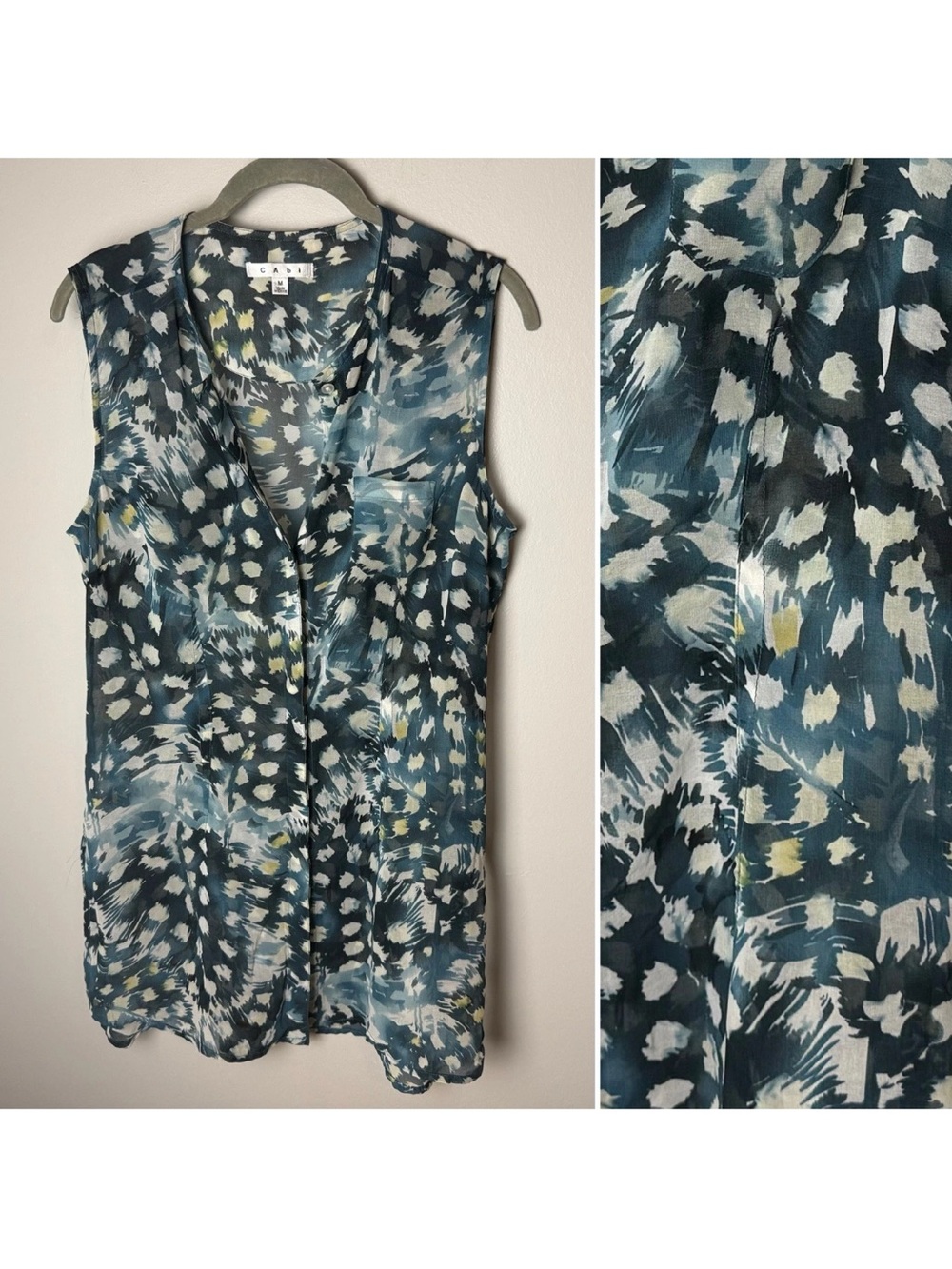 CABI Tunic Blouse Size M Blue Gray Abstract Print Sleeveless Sheer Button Front - Picture 1 of 6